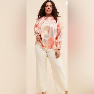 ✨🌸 Eloquii‎ Nuuly Watercolor Pleated Long-Sleeve Blouse Sz 14 🌸✨